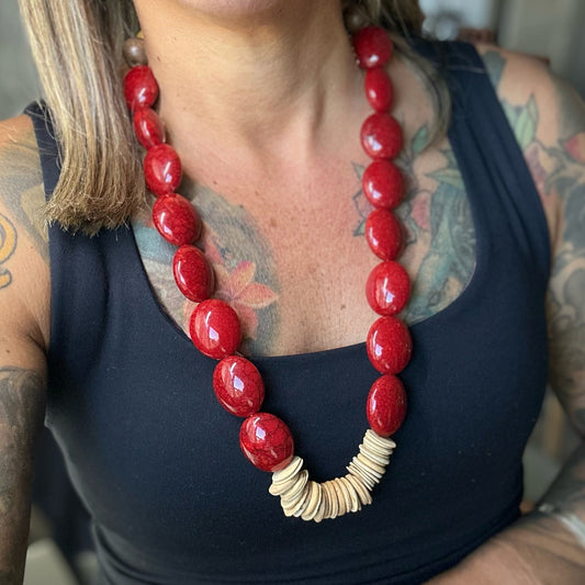 Red & Natural coconut Necklace