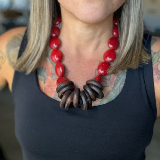 Red & wood Necklace