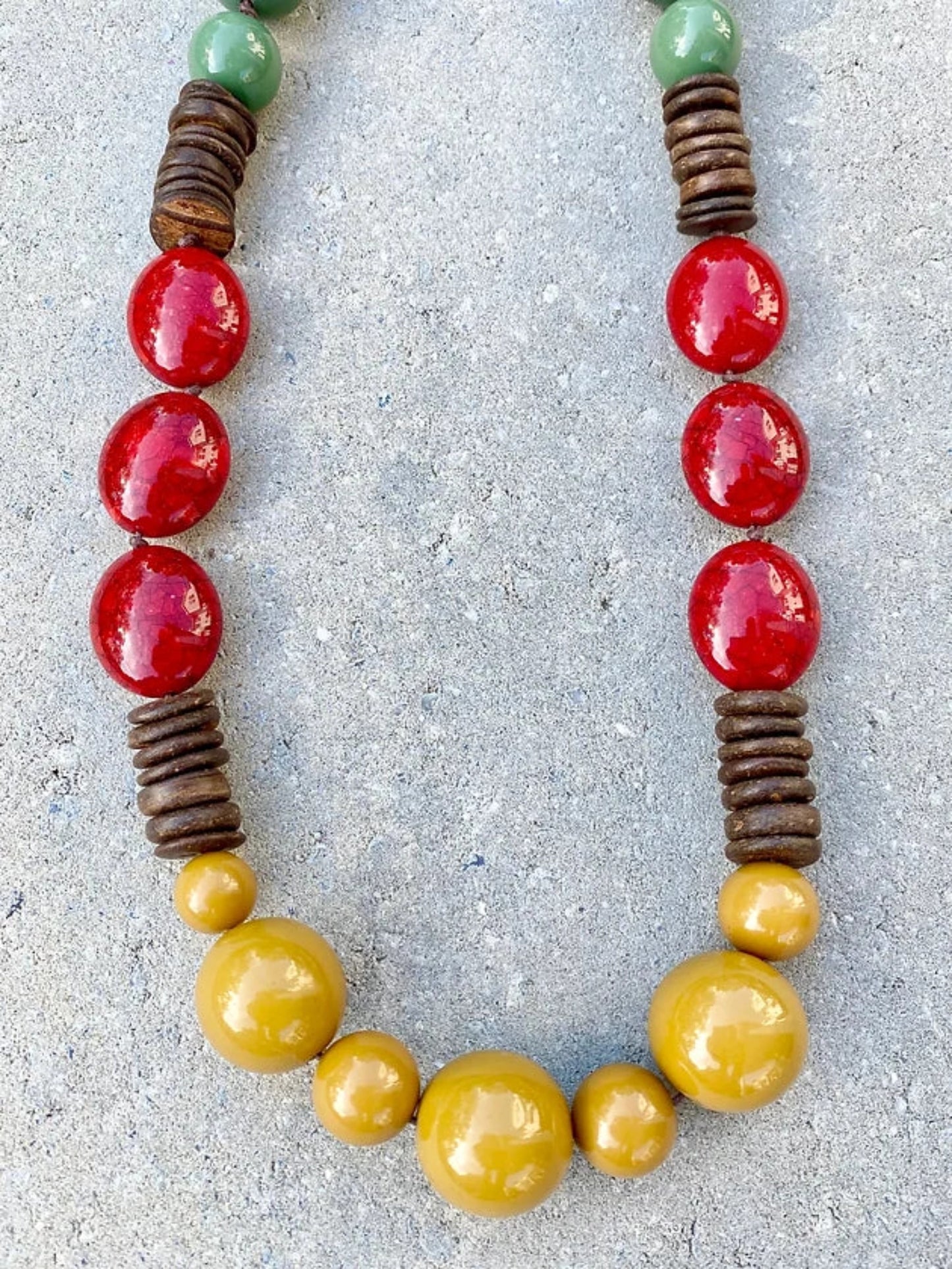 Long Necklace - Green +mustard + Red Resin