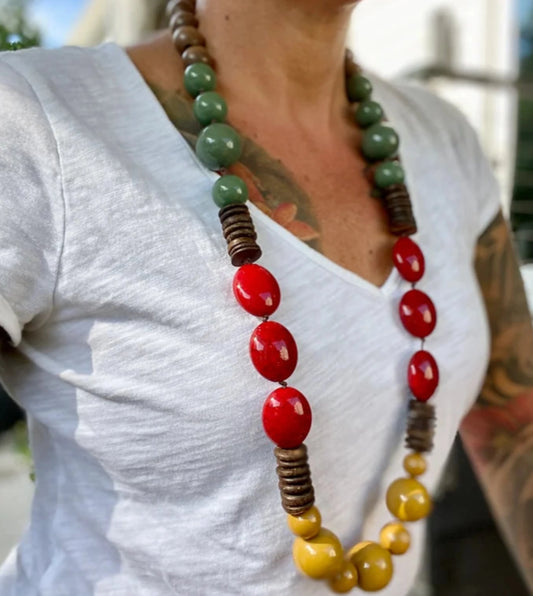 Long Necklace - Green +mustard + Red Resin