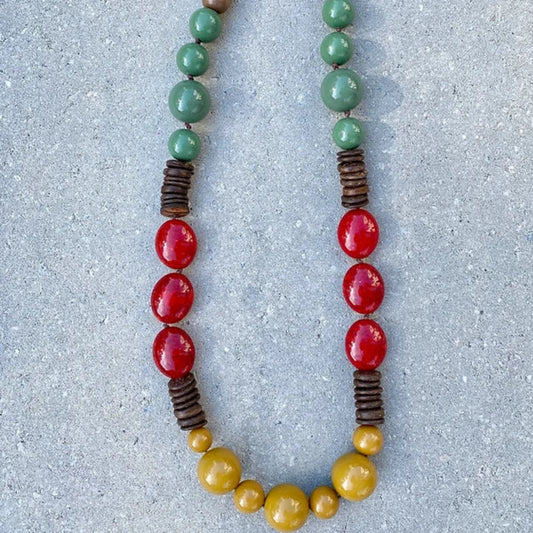 Long Necklace  - Green +mustard + Red Resin